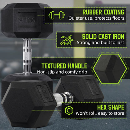 Rubber Encased Hex Dumbbell, 50Lbs, Single