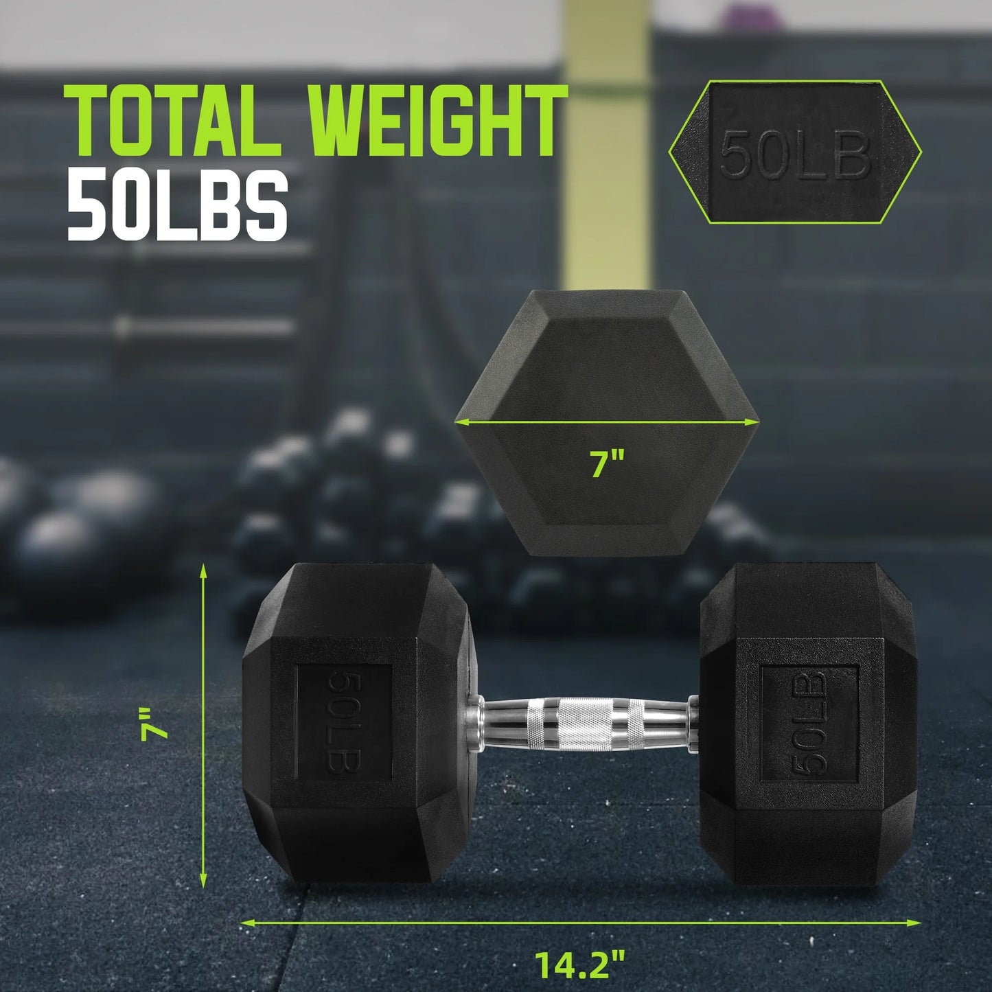 Rubber Encased Hex Dumbbell, 50Lbs, Single