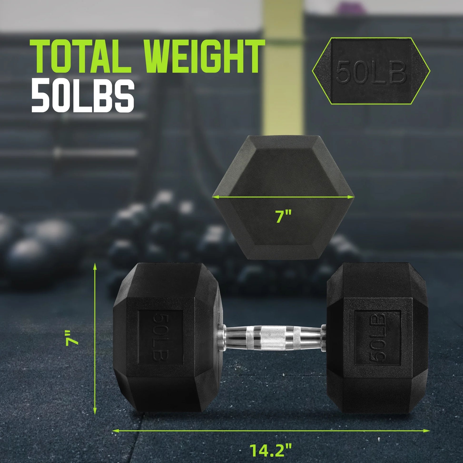 Rubber Encased Hex Dumbbell, 50Lbs, Single